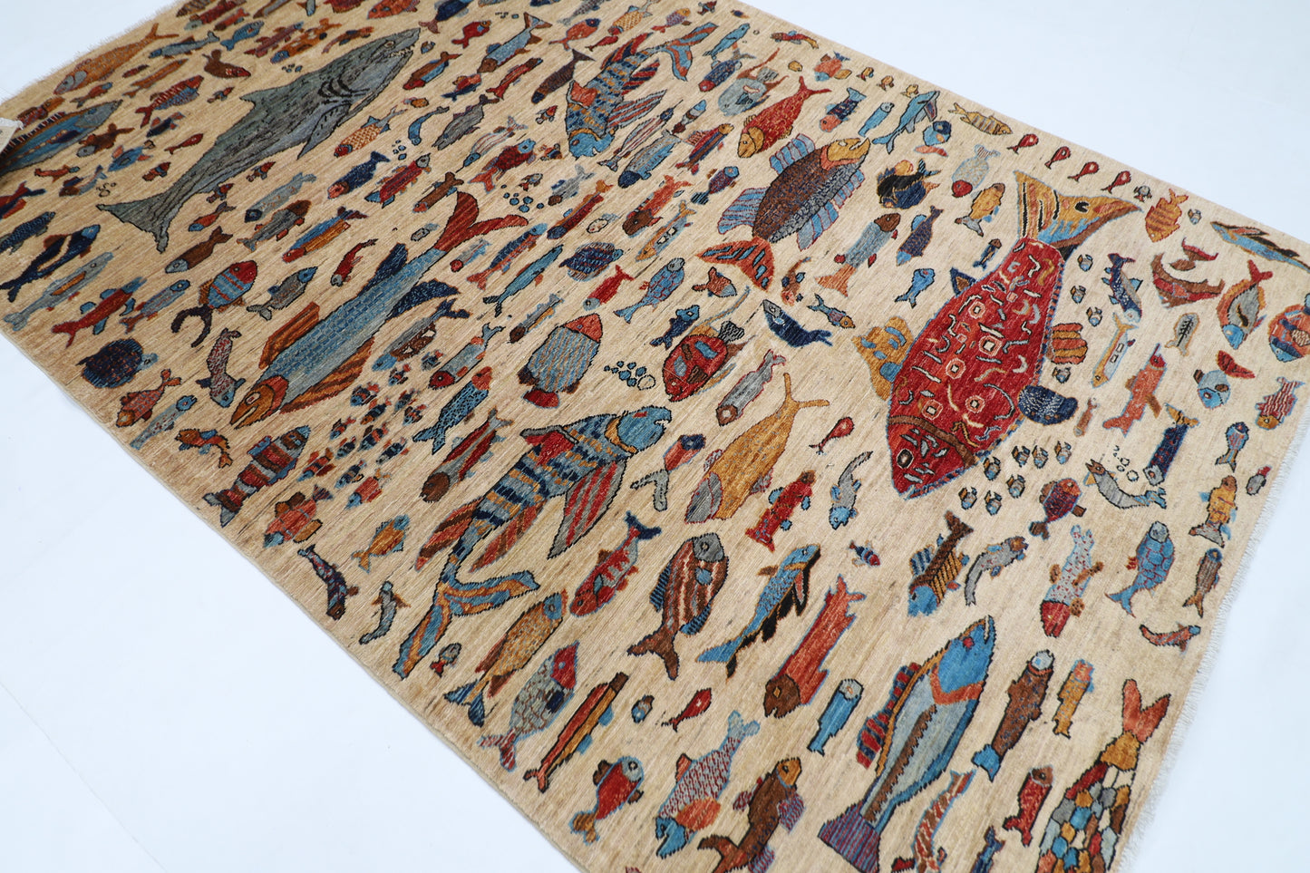 180 x 273 cm | Fish Party Beige Afghan Hand Knotted Carpet