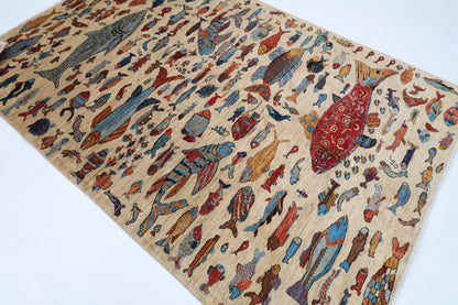 180 x 273 cm | Fish Party Beige Afghan Hand Knotted Carpet