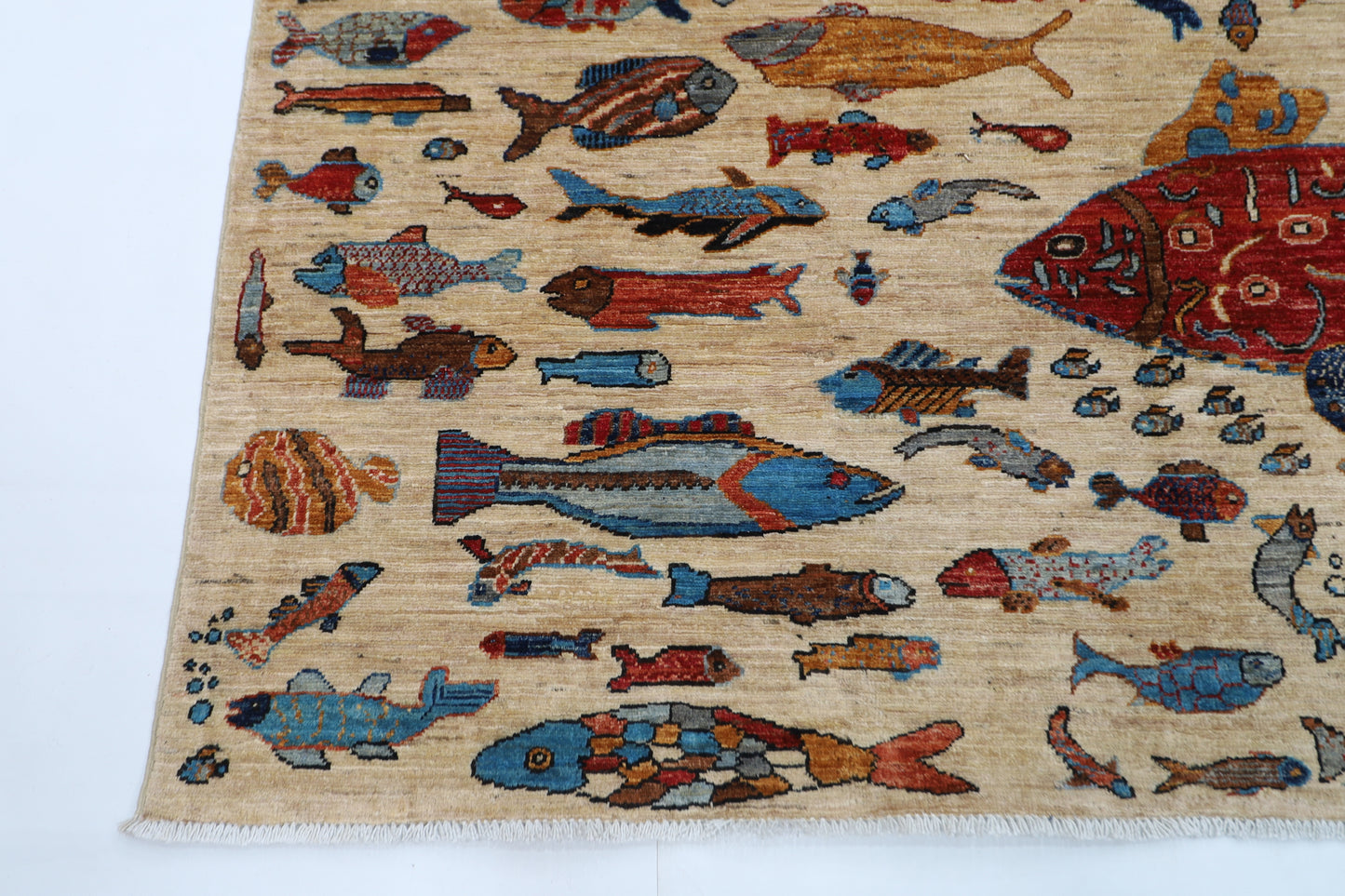 180 x 273 cm | Fish Party Beige Afghan Hand Knotted Carpet