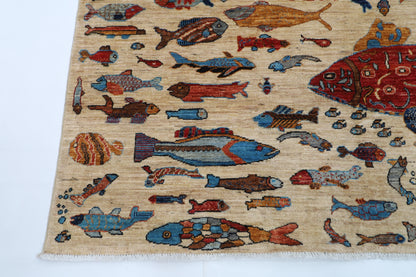 180 x 273 cm | Fish Party Beige Afghan Hand Knotted Carpet