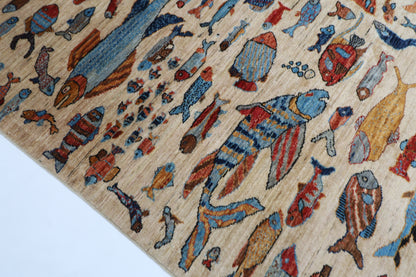180 x 273 cm | Fish Party Beige Afghan Hand Knotted Carpet