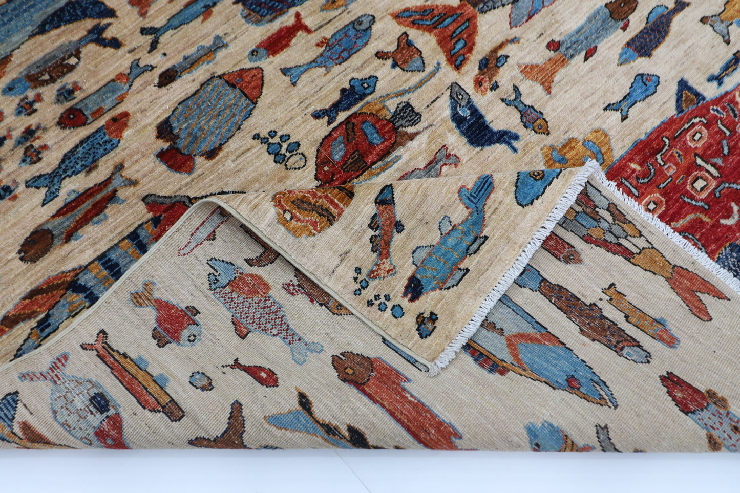 180 x 273 cm | Fish Party Beige Afghan Hand Knotted Carpet