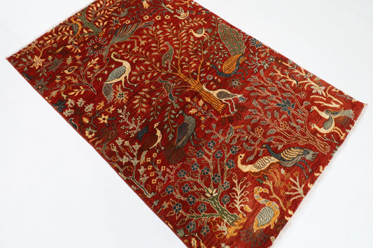 119 x 182 cm | Oriental Birds Orange Area Rug Afghan Hand Knotted Veg Dye Wool carpet