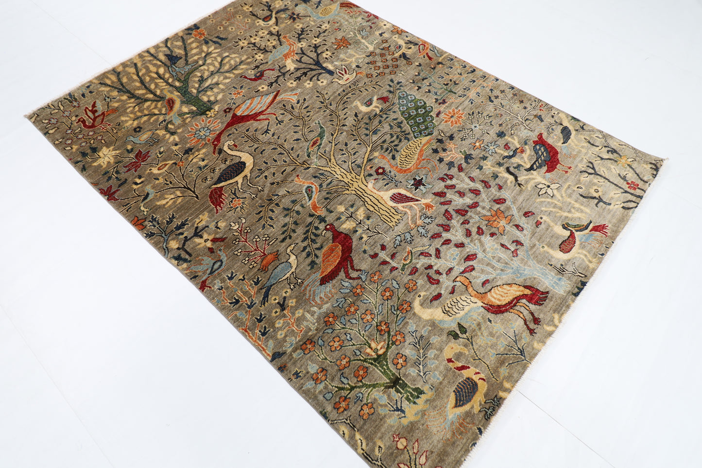 150 x 203 cm | Oriental Birds Gray Area Rug Afghan Hand Knotted Veg Dye Wool carpet