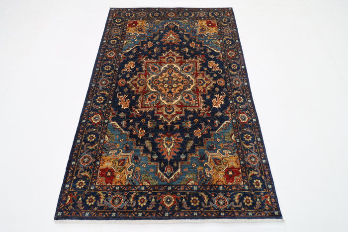 124 x 190 cm | Oriental Heriz Blue Area Rug Afghan Hand Knotted Veg Dye Wool carpet