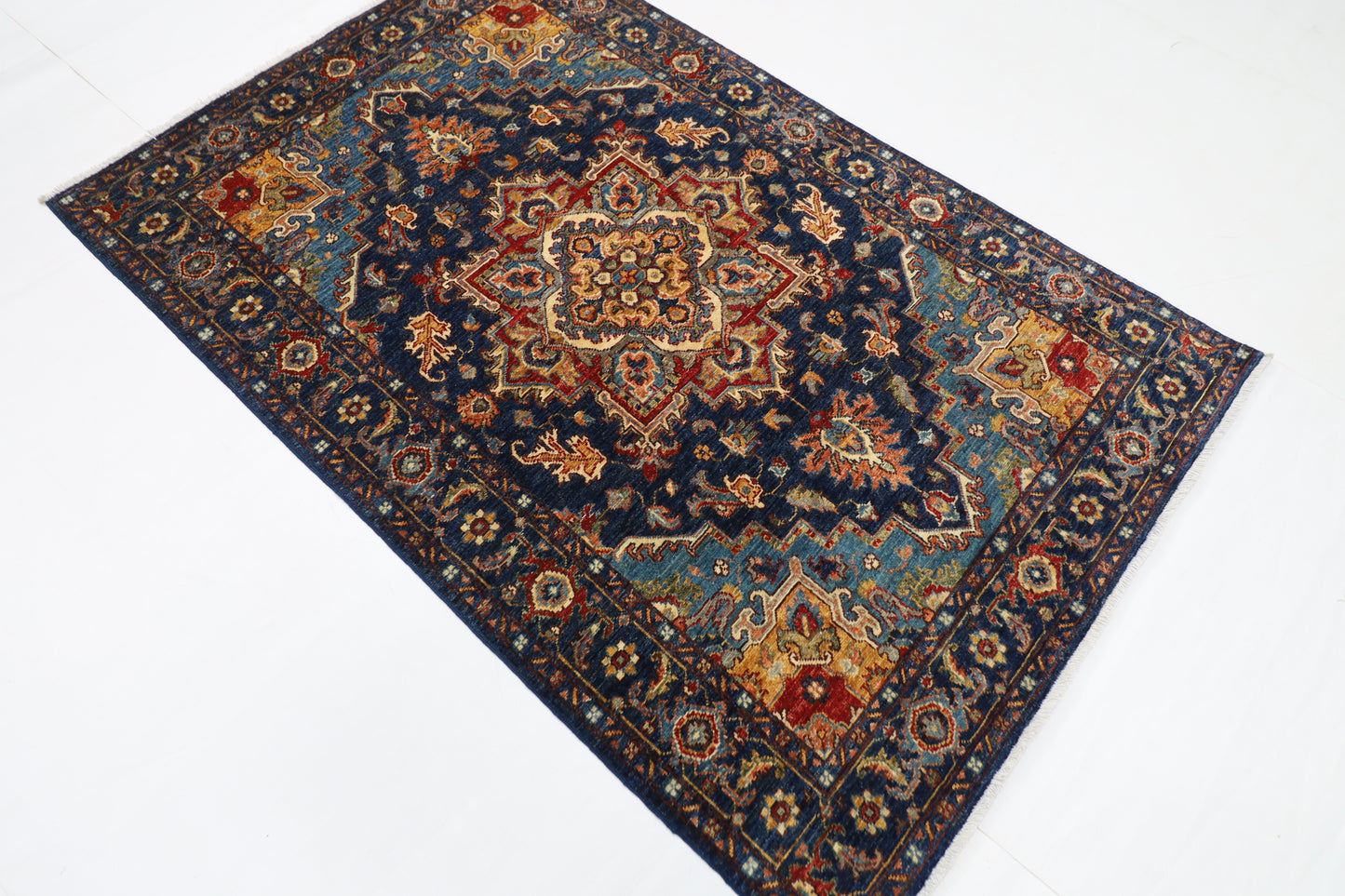 124 x 190 cm | Oriental Heriz Blue Area Rug Afghan Hand Knotted Veg Dye Wool carpet