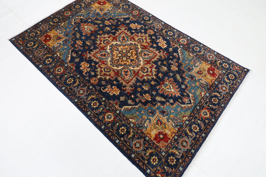 124 x 190 cm | Oriental Heriz Blue Area Rug Afghan Hand Knotted Veg Dye Wool carpet