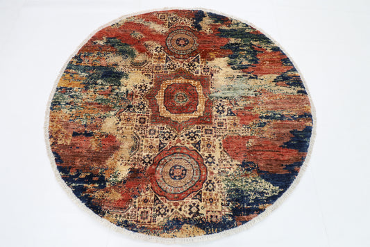150 x 150 cm | Oriental Abstract Mamluk Round Rug Afghan Hand Knotted Veg Dye Wool carpet