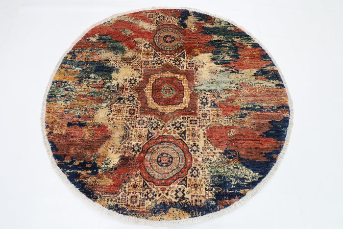 150 x 150 cm | Oriental Abstract Mamluk Round Rug Afghan Hand Knotted Veg Dye Wool carpet