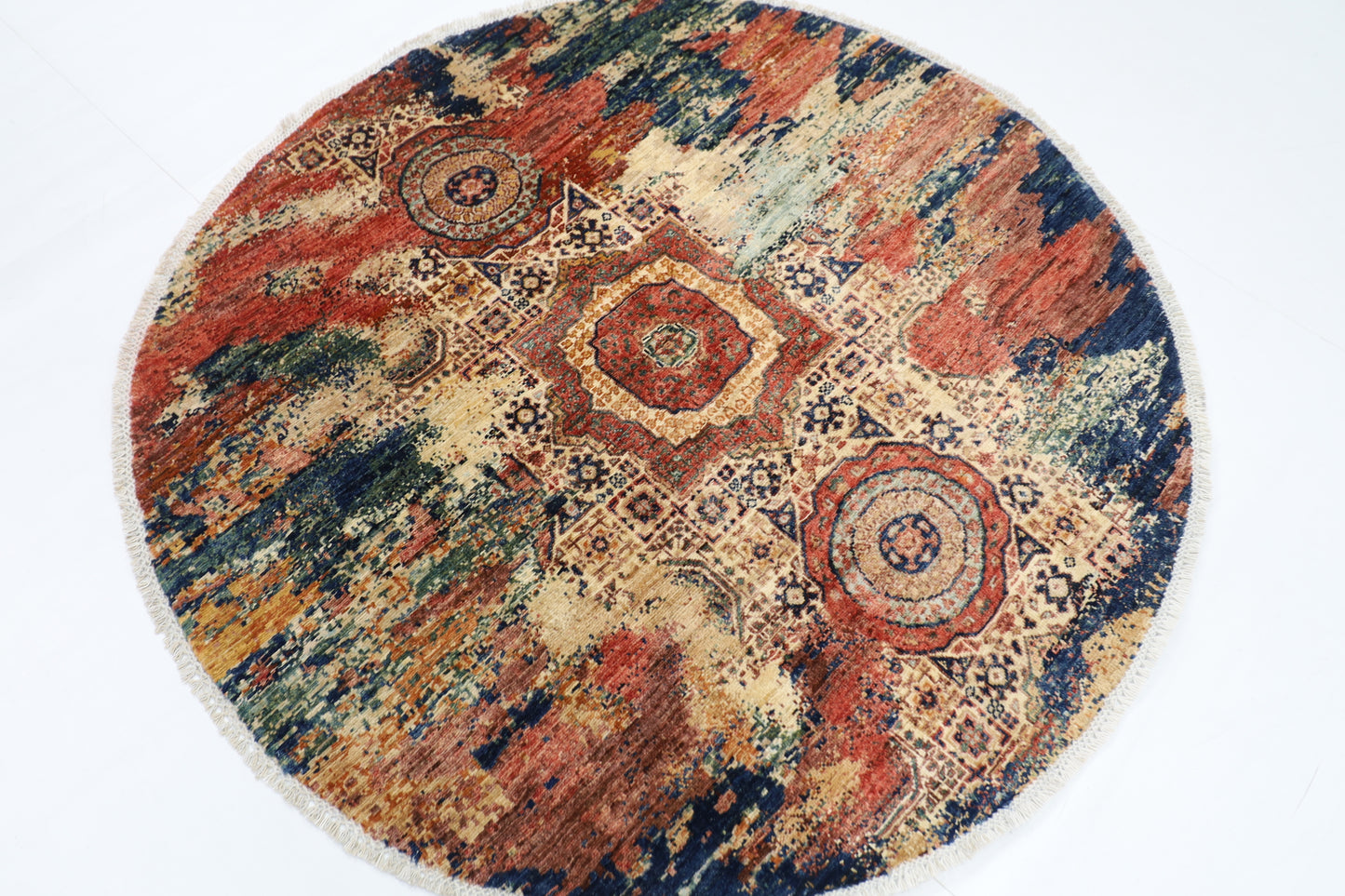 150 x 150 cm | Oriental Abstract Mamluk Round Rug Afghan Hand Knotted Veg Dye Wool carpet
