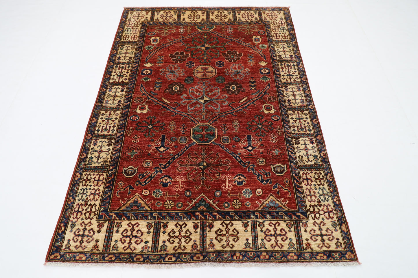 147 x 201 cm | Oriental floral Red Area Rug Afghan Hand Knotted Veg Dye Wool carpet