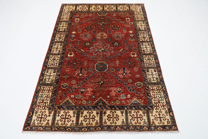 147 x 201 cm | Oriental floral Red Area Rug Afghan Hand Knotted Veg Dye Wool carpet