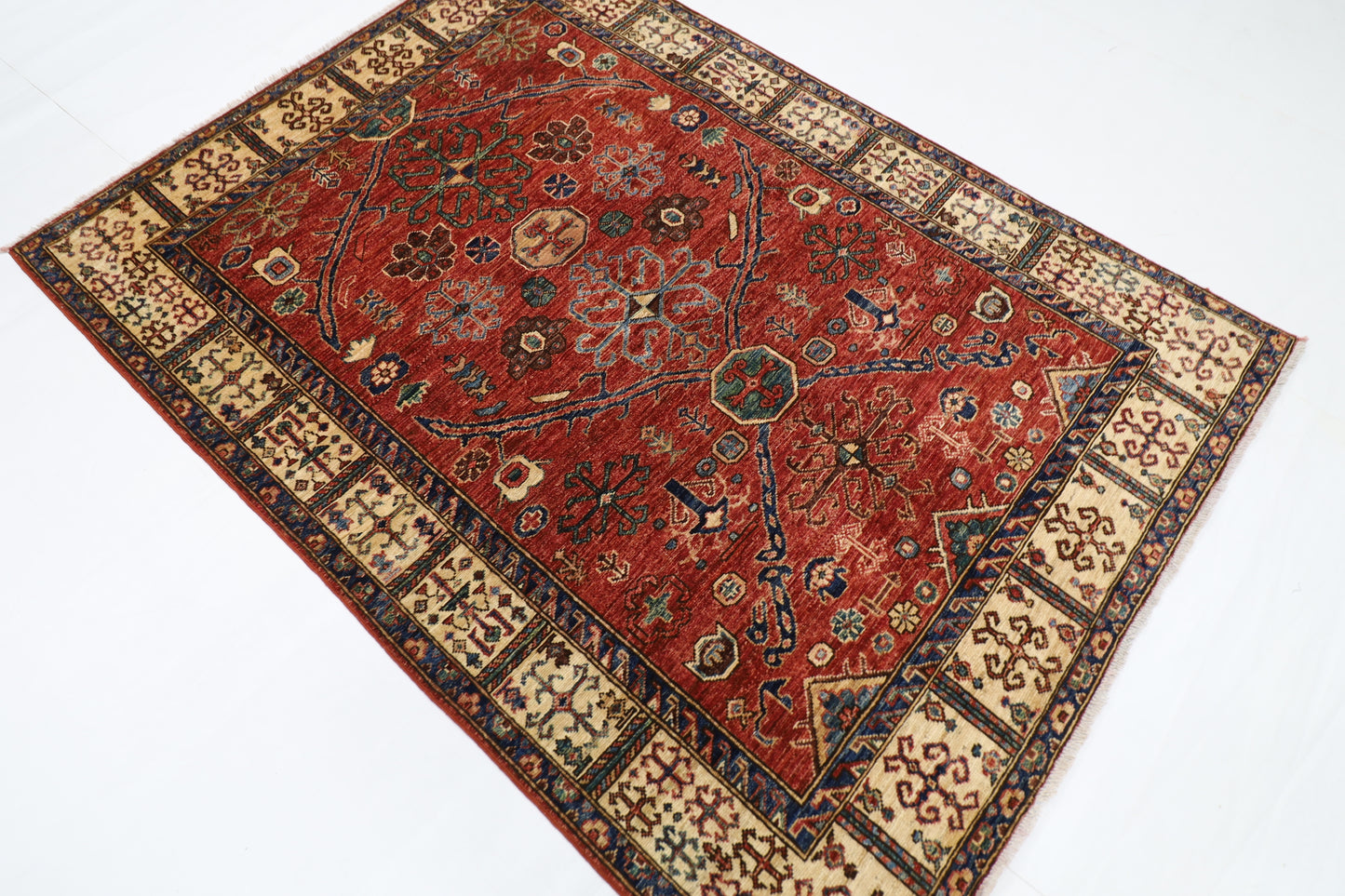 147 x 201 cm | Oriental floral Red Area Rug Afghan Hand Knotted Veg Dye Wool carpet
