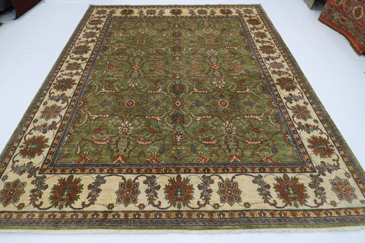 250 x 296 cm | Traditional Olive Green Area Rug Afghan Hand Knotted veg Dye Wool Carpet