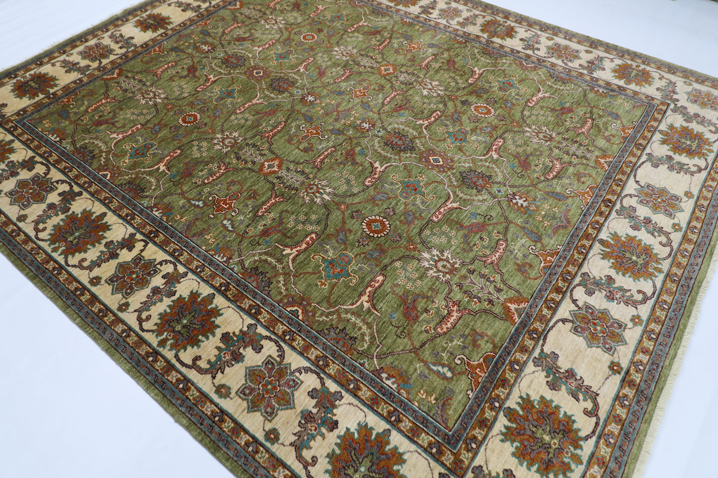 250 x 296 cm | Traditional Olive Green Area Rug Afghan Hand Knotted veg Dye Wool Carpet