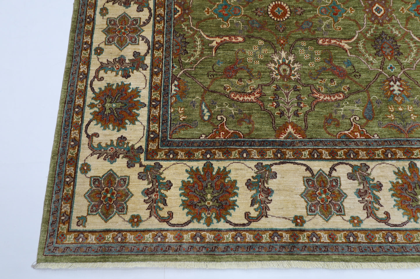 250 x 296 cm | Traditional Olive Green Area Rug Afghan Hand Knotted veg Dye Wool Carpet