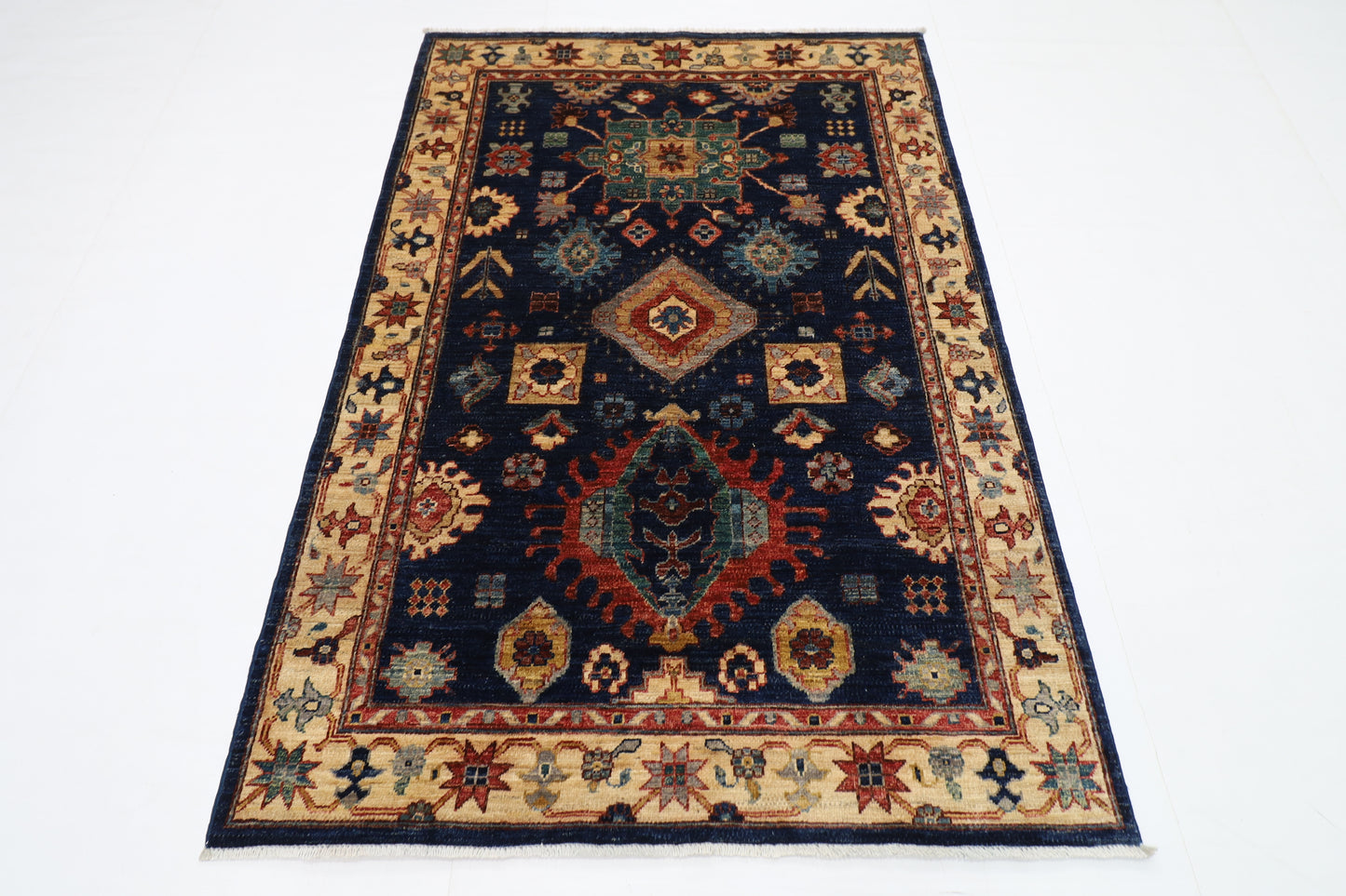 126 x 185 cm | Oriental Geometric Blue Area Rug Afghan Hand Knotted Veg Dye Wool carpet