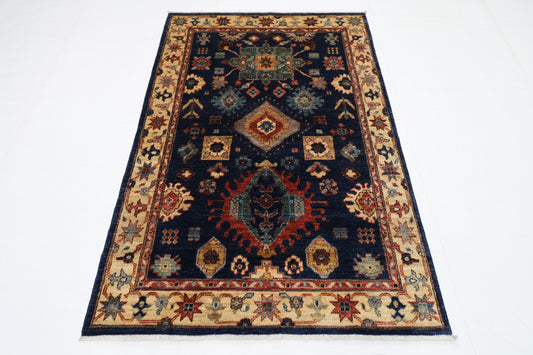 126 x 185 cm | Oriental Geometric Blue Area Rug Afghan Hand Knotted Veg Dye Wool carpet