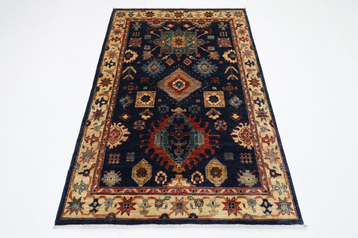 126 x 185 cm | Oriental Geometric Blue Area Rug Afghan Hand Knotted Veg Dye Wool carpet