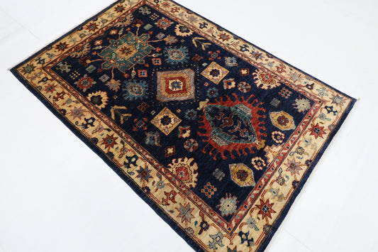126 x 185 cm | Oriental Geometric Blue Area Rug Afghan Hand Knotted Veg Dye Wool carpet