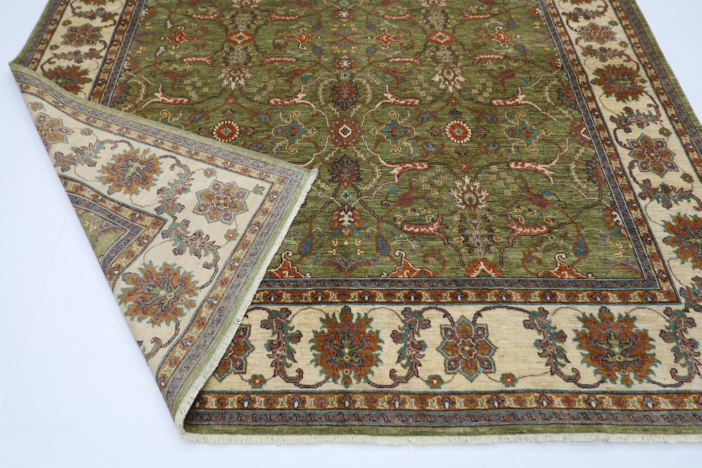 250 x 296 cm | Traditional Olive Green Area Rug Afghan Hand Knotted veg Dye Wool Carpet