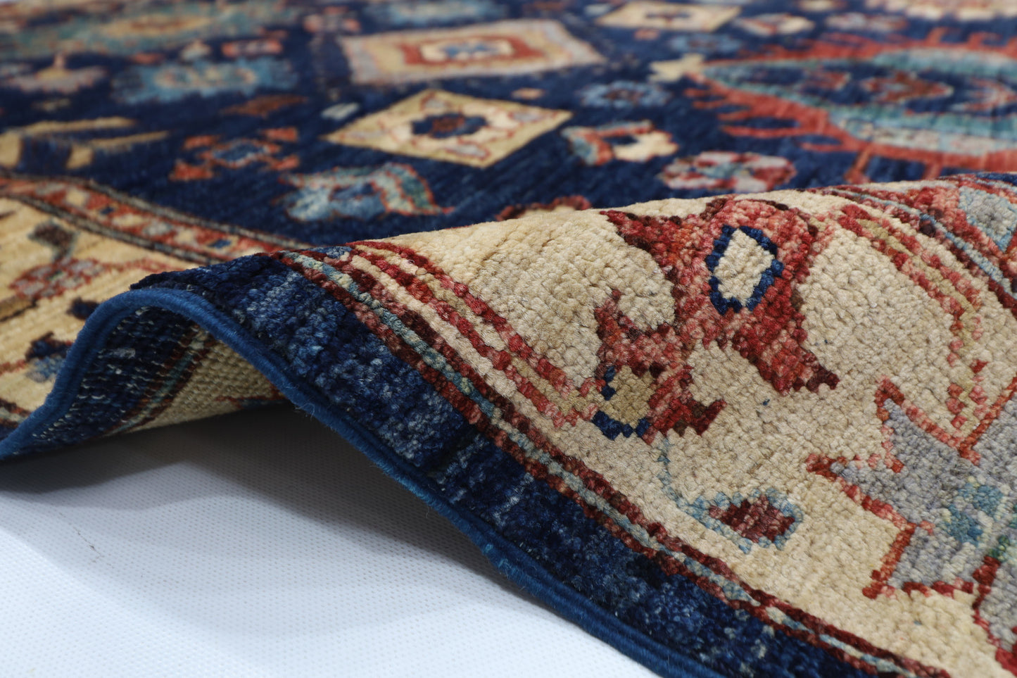 126 x 185 cm | Oriental Geometric Blue Area Rug Afghan Hand Knotted Veg Dye Wool carpet