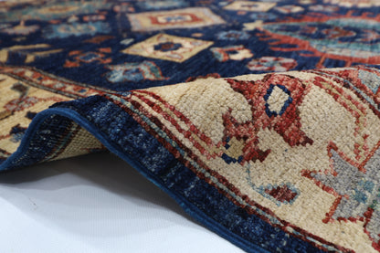 126 x 185 cm | Oriental Geometric Blue Area Rug Afghan Hand Knotted Veg Dye Wool carpet