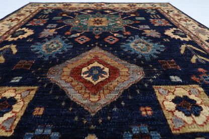 126 x 185 cm | Oriental Geometric Blue Area Rug Afghan Hand Knotted Veg Dye Wool carpet