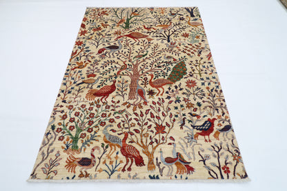 148 x 202 cm | Birds Beige Afghan Hand Knotted Carpet