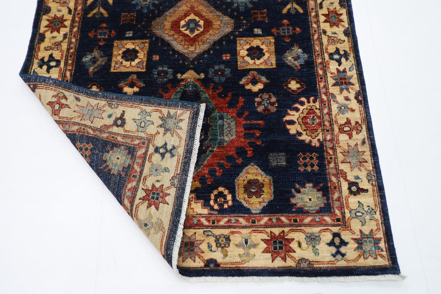 126 x 185 cm | Oriental Geometric Blue Area Rug Afghan Hand Knotted Veg Dye Wool carpet