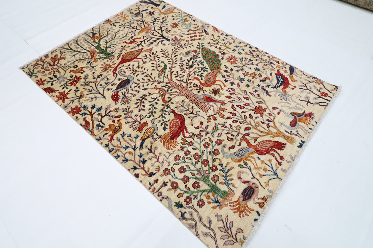 148 x 202 cm | Birds Beige Afghan Hand Knotted Carpet
