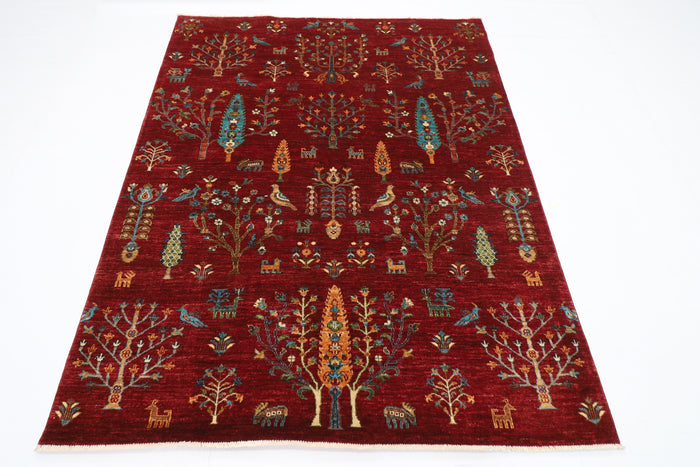 158 x 197 cm | Oriental Tree of life Red Area Rug Afghan Hand Knotted Veg Dye Wool carpet