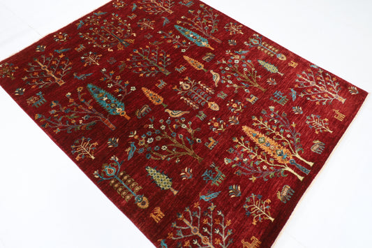 158 x 197 cm | Oriental Tree of life Red Area Rug Afghan Hand Knotted Veg Dye Wool carpet