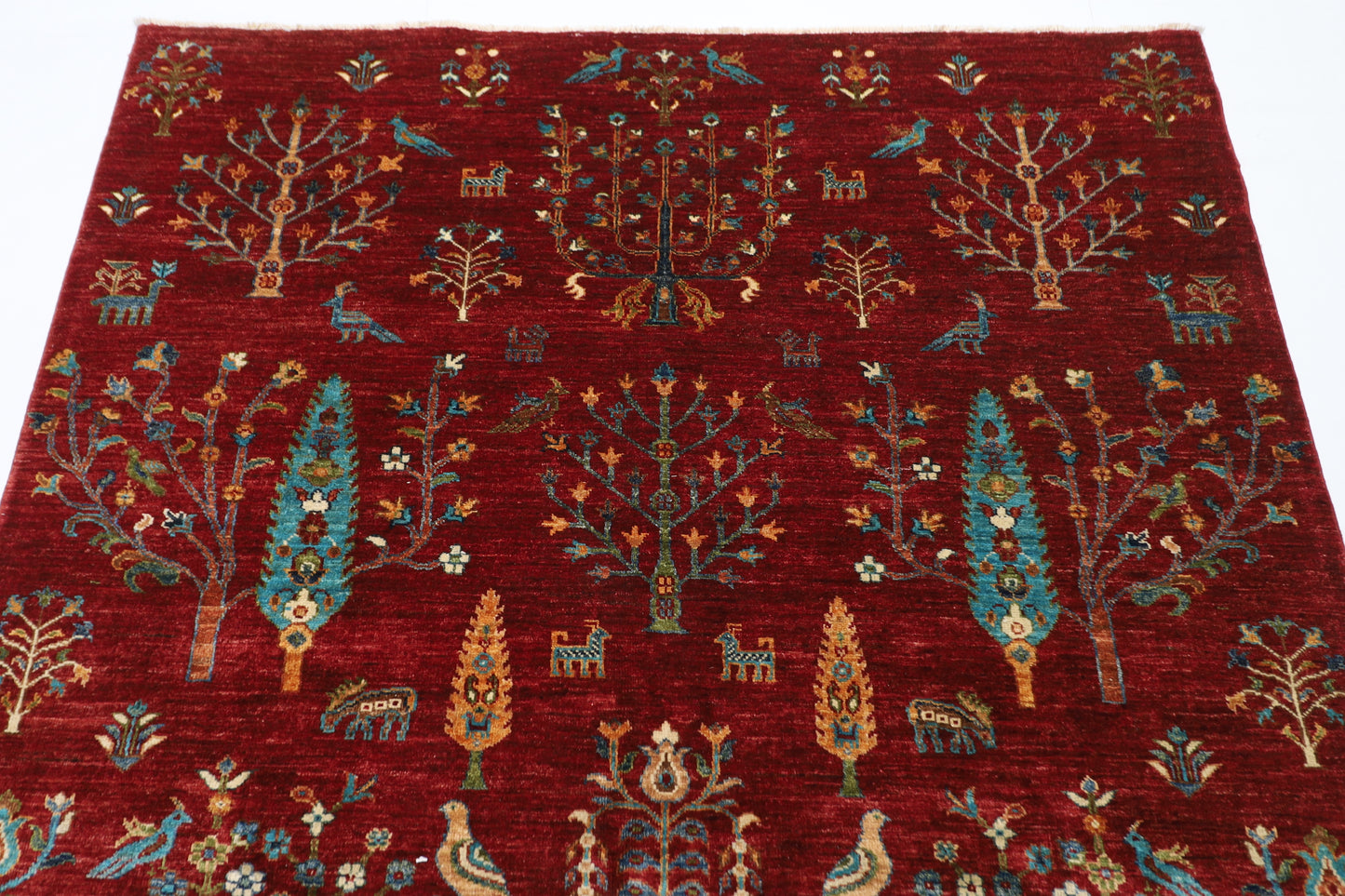 158 x 197 cm | Oriental Tree of life Red Area Rug Afghan Hand Knotted Veg Dye Wool carpet