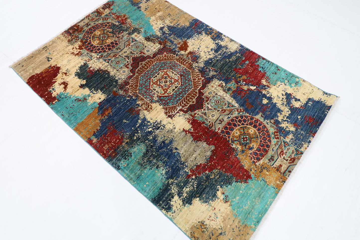 121 x 181 cm | Oriental Abstract mamluk Area Rug Afghan Hand Knotted Veg Dye Wool carpet