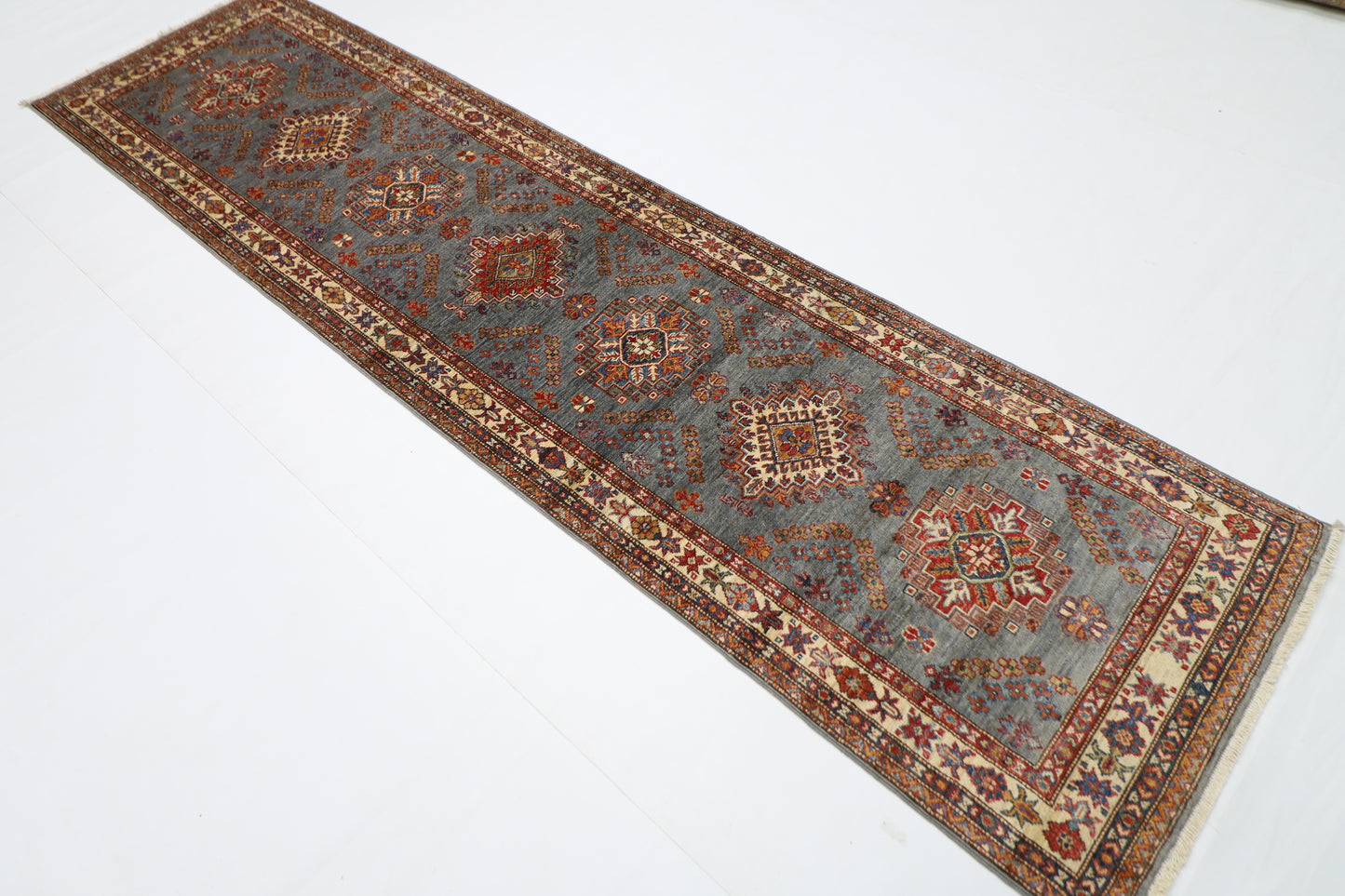 79 x 302 cm | Kazak Grey Afghan Hand Knotted Runner