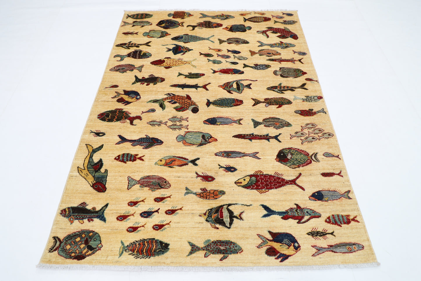 152 x 199 cm | Oriental Fish beige Area Rug Afghan Hand Knotted Veg Dye Wool carpet
