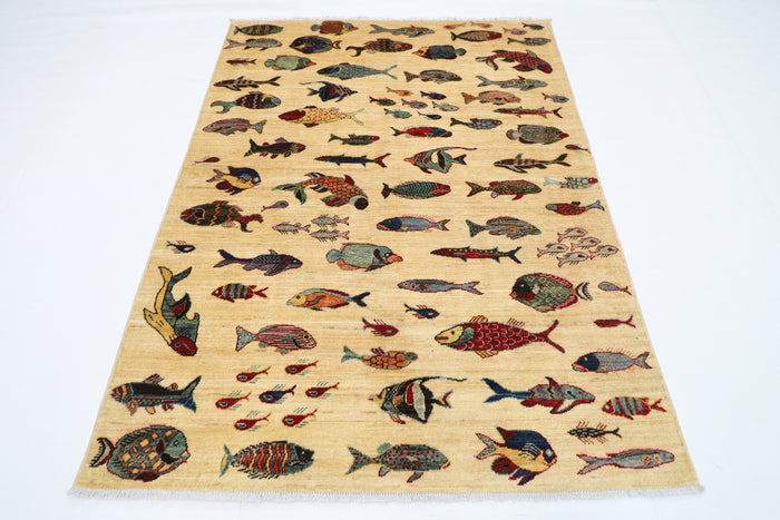 152 x 199 cm | Oriental Fish beige Area Rug Afghan Hand Knotted Veg Dye Wool carpet