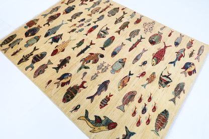 152 x 199 cm | Oriental Fish beige Area Rug Afghan Hand Knotted Veg Dye Wool carpet