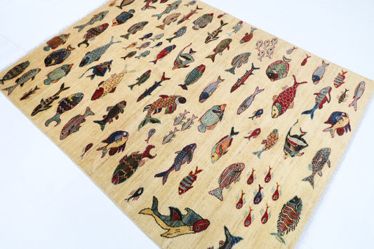 152 x 199 cm | Oriental Fish beige Area Rug Afghan Hand Knotted Veg Dye Wool carpet