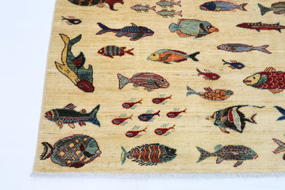 152 x 199 cm | Oriental Fish beige Area Rug Afghan Hand Knotted Veg Dye Wool carpet