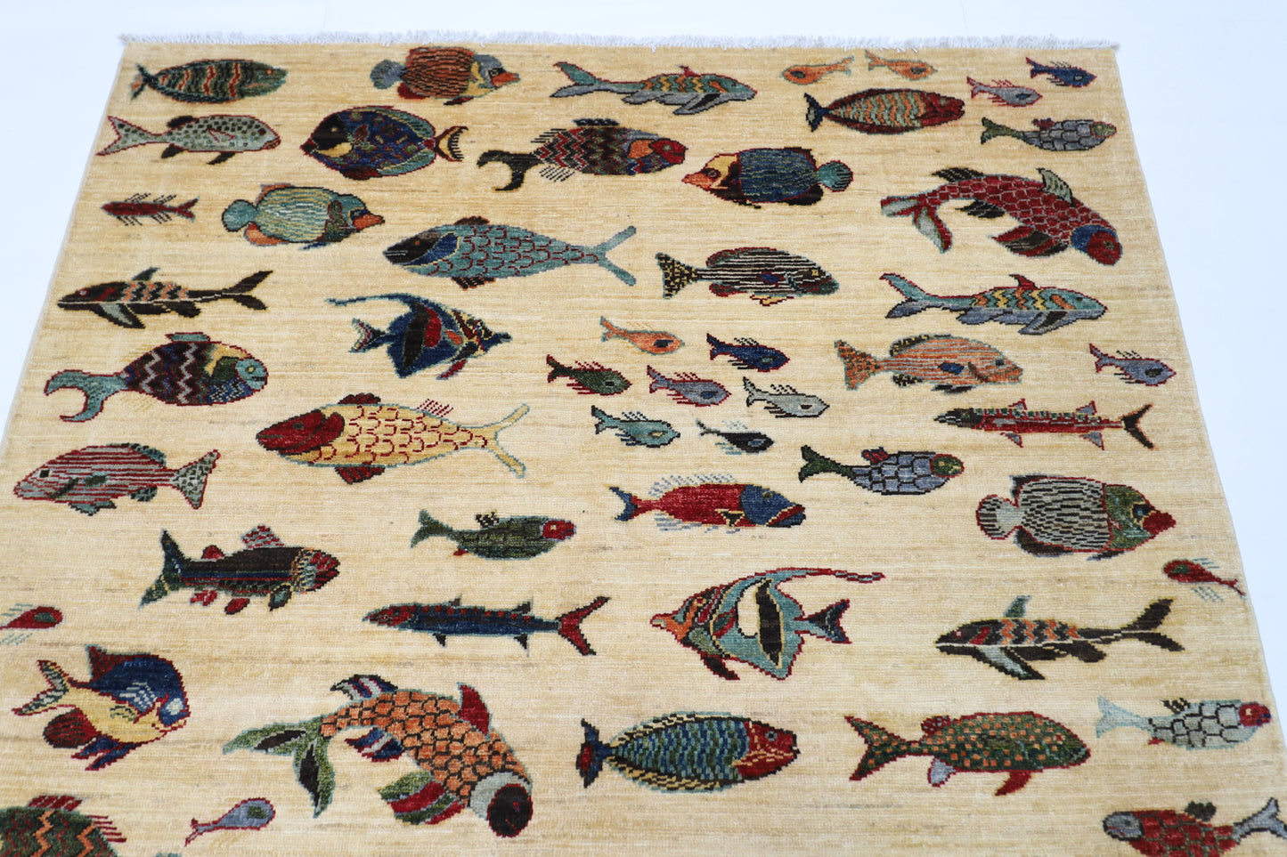 152 x 199 cm | Oriental Fish beige Area Rug Afghan Hand Knotted Veg Dye Wool carpet