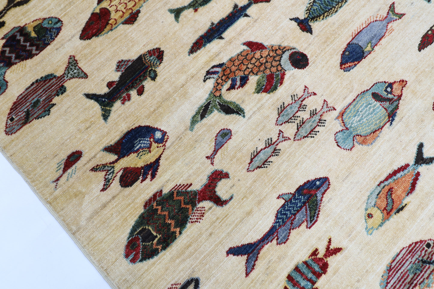 152 x 199 cm | Oriental Fish beige Area Rug Afghan Hand Knotted Veg Dye Wool carpet