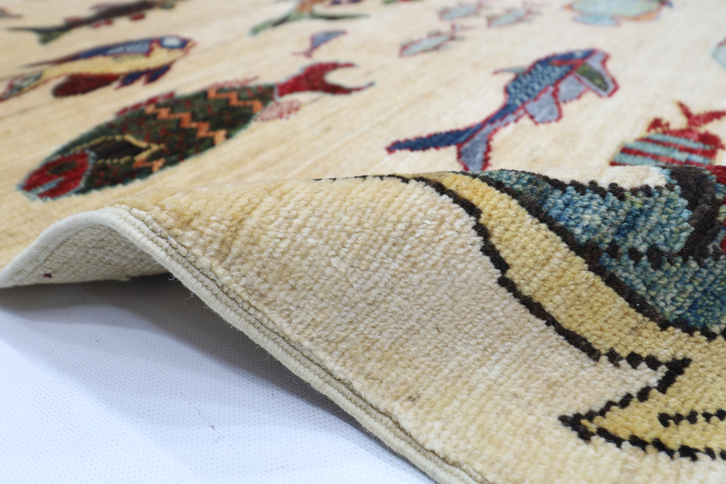 152 x 199 cm | Oriental Fish beige Area Rug Afghan Hand Knotted Veg Dye Wool carpet