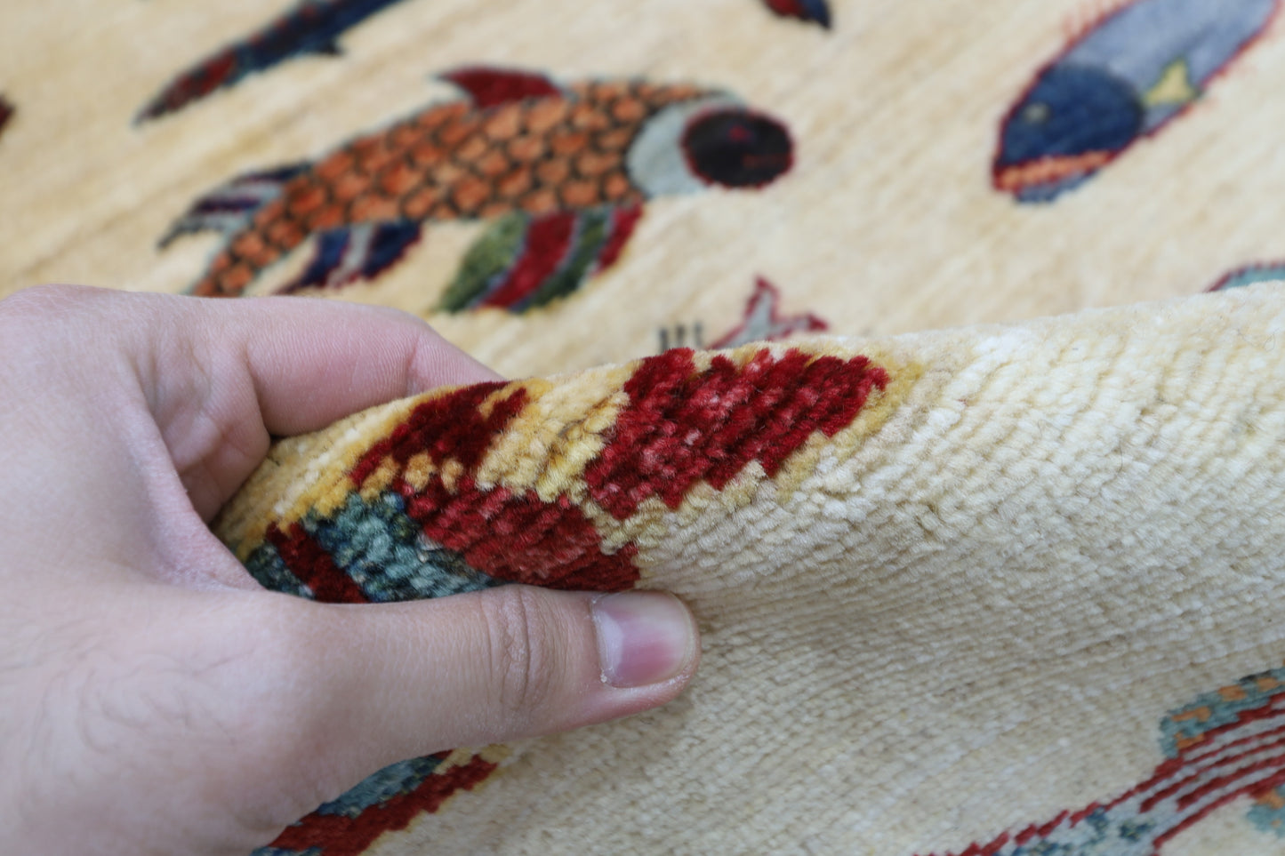 152 x 199 cm | Oriental Fish beige Area Rug Afghan Hand Knotted Veg Dye Wool carpet