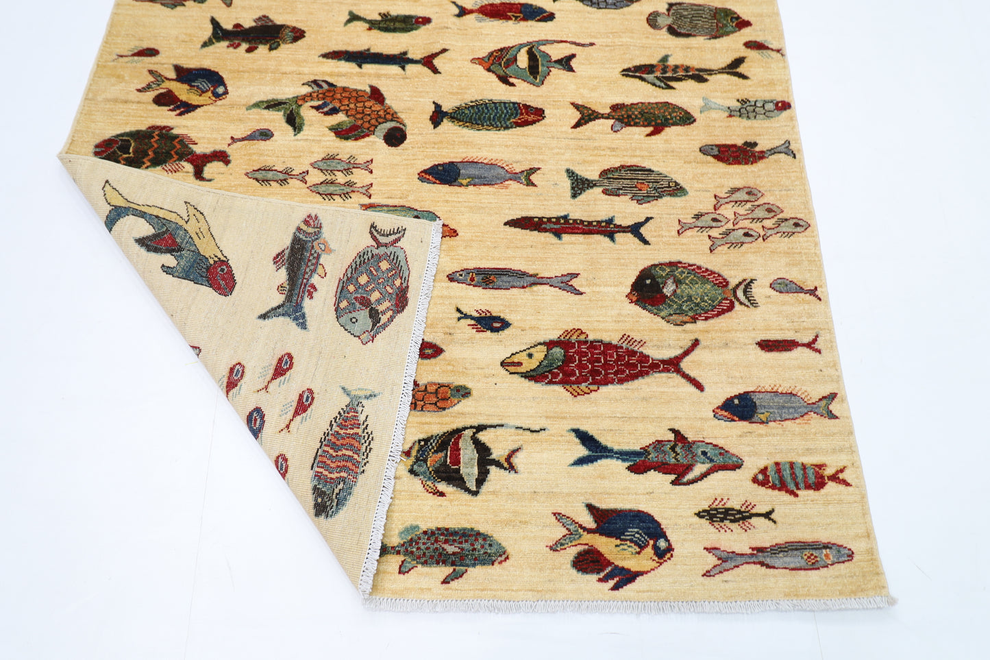 152 x 199 cm | Oriental Fish beige Area Rug Afghan Hand Knotted Veg Dye Wool carpet