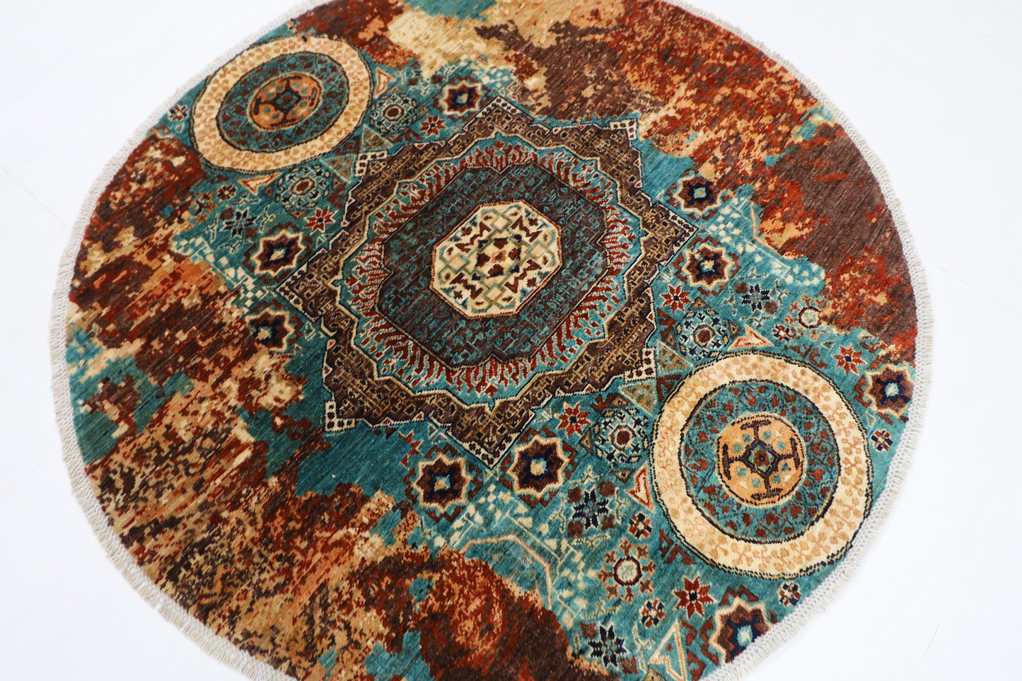 154 x 150 cm | Oriental Abstract Mamluk Rug Afghan Hand Knotted Veg Dye Wool carpet