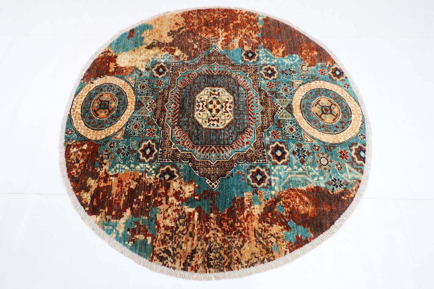 154 x 150 cm | Oriental Abstract Mamluk Rug Afghan Hand Knotted Veg Dye Wool carpet