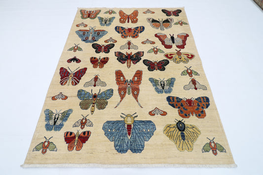 152 x 197 cm | Butterflies Beige Afghan Hand Knotted Carpet