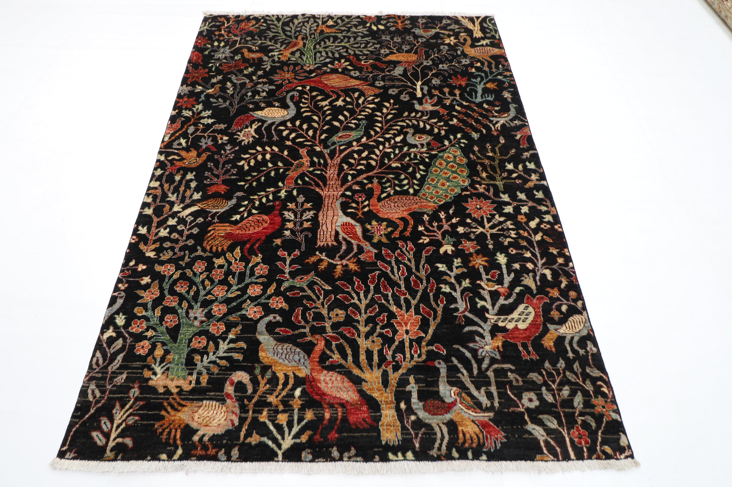 149 x 204 cm | Birds Pictorial Black Afghan Hand Knotted Carpet